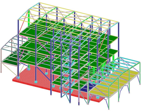 Steel frame supporting industrial equipment and floor systems