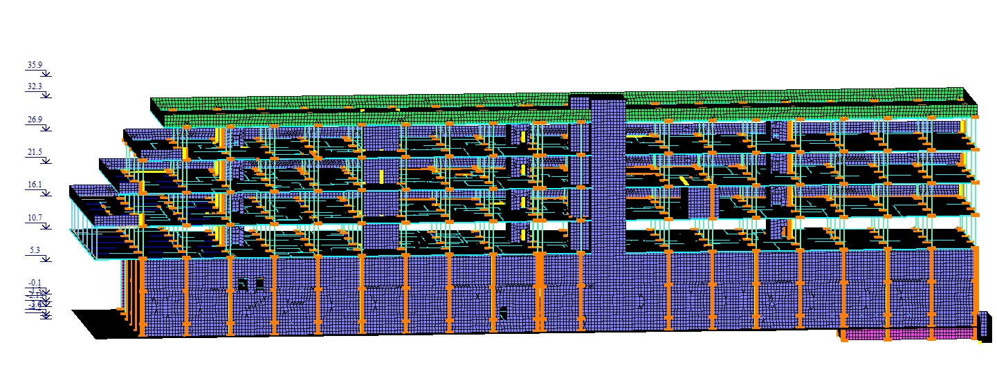Finite-element elevation showing the large reinforced-concrete cantilever of the museum storage facility