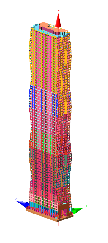 Global finite-element model of the 69-storey residential tower in Pechatniki