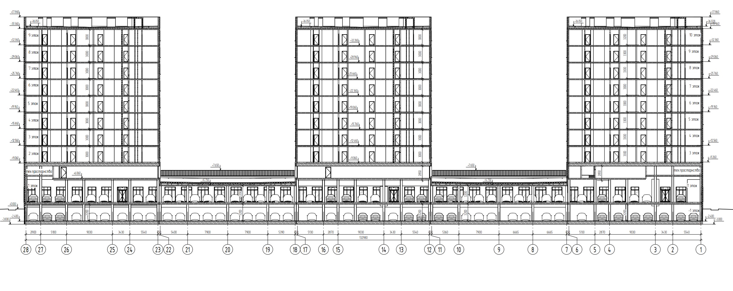 Longitudinal section showing residential blocks over a common parking and podium structure