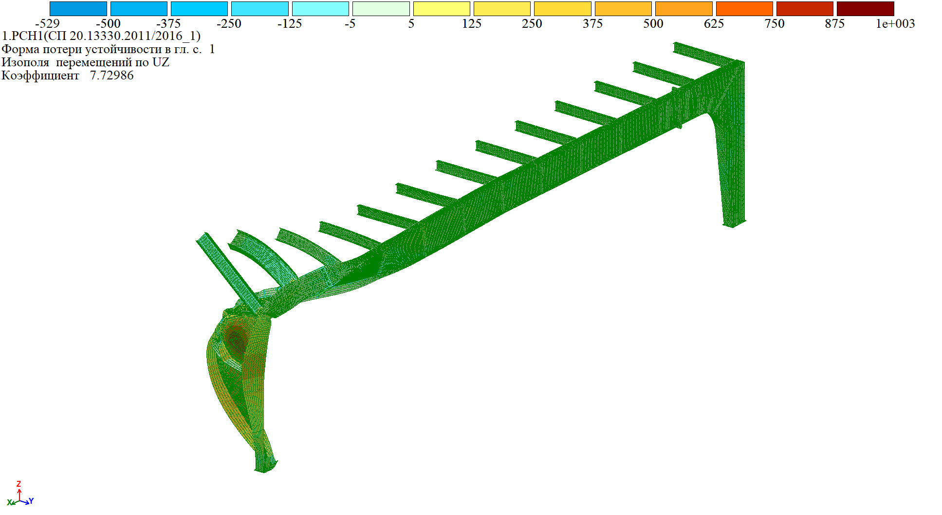First buckling mode of the sports hall roof frame on grid line 5