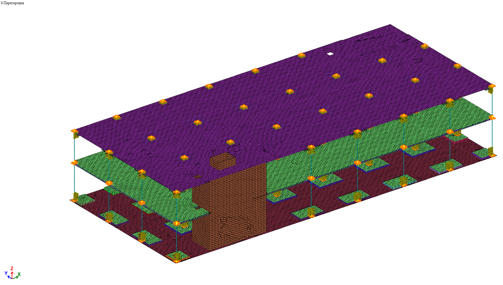 Global structural model used to design strengthening for the retail building on Starobittsevskaya