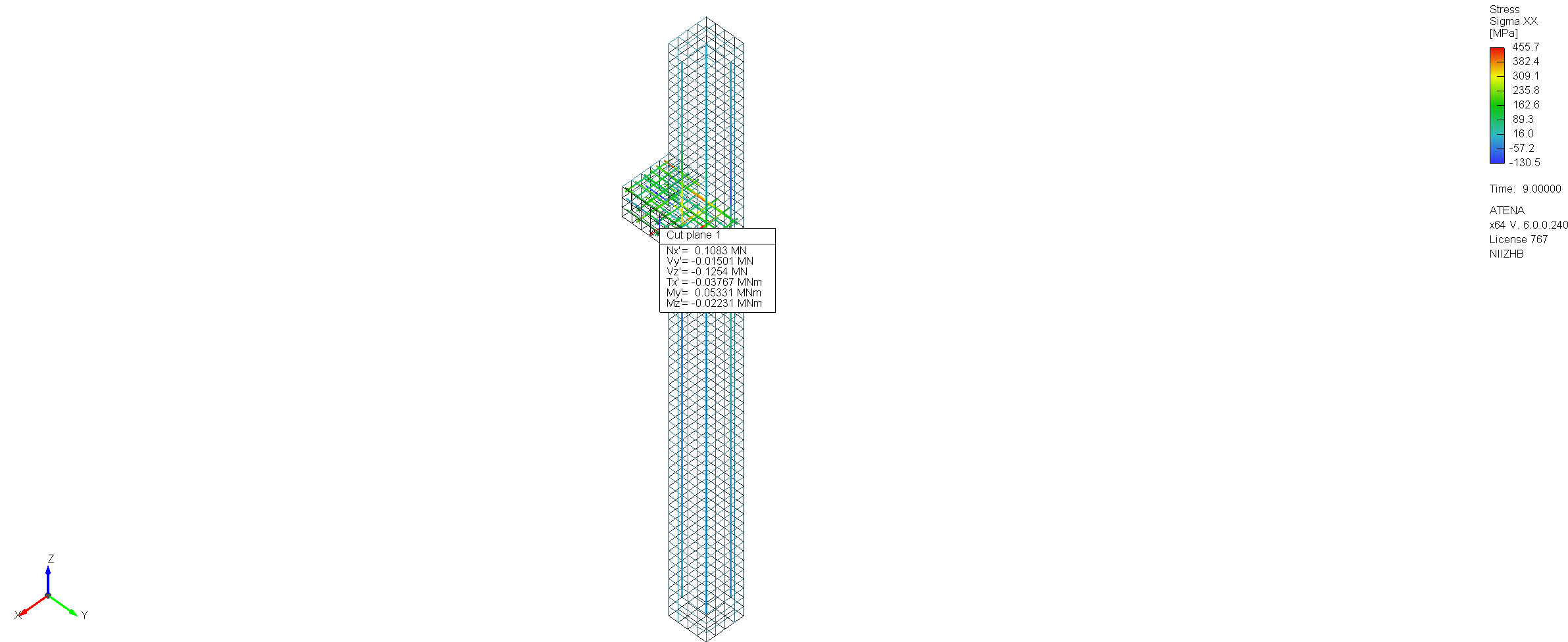 Stress result from the nonlinear analysis of the strengthened corner-column joint